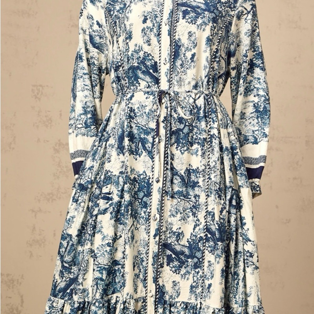 Miss Rossi Blue and White Patterned Long Sleeve Dress